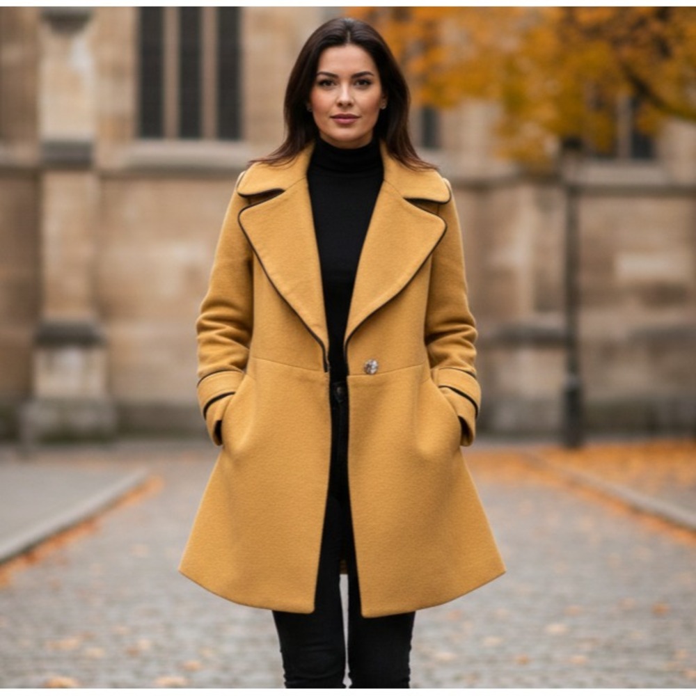 Mid-Length Coat Women's Size Medium Camel Yellow Long Sleeve Notch Lapel‎